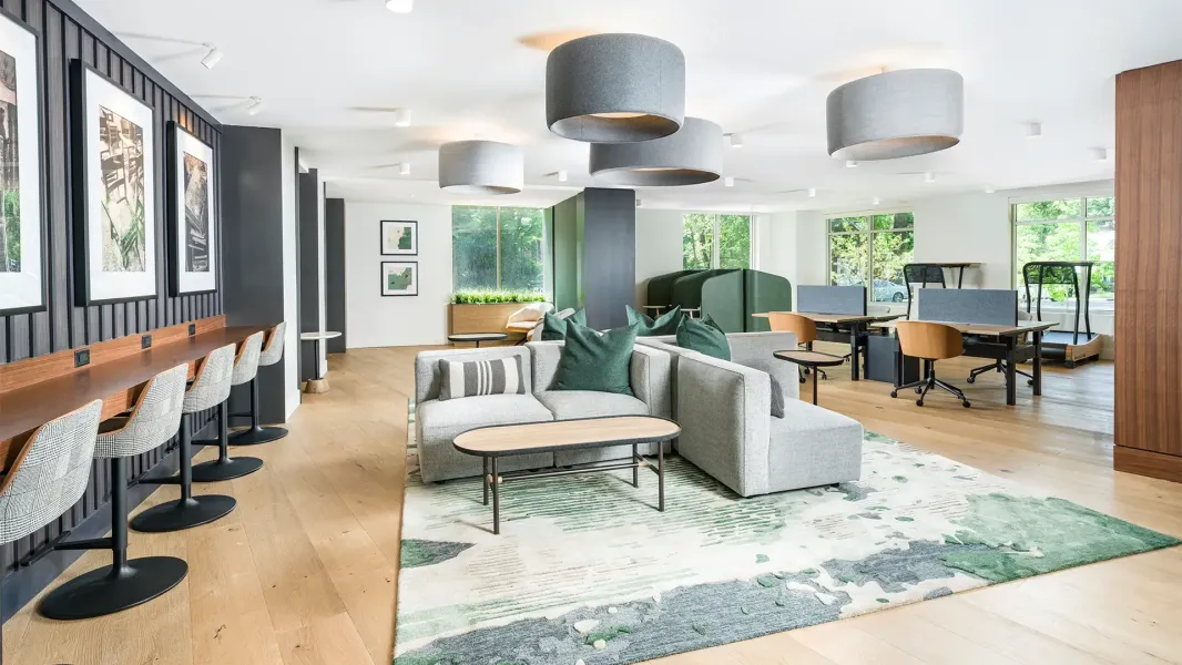 Comfortable couches with portable computer trays.